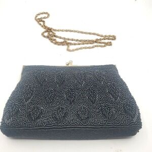 Vintage Ed B. Robinson Gold Metal Black Beaded Evening Purse Clutch Kiss Clasp
